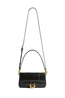 Balenciaga women’s hourglass small black leather crossbody bag with gold-tone b logo clasp and adjustable strap