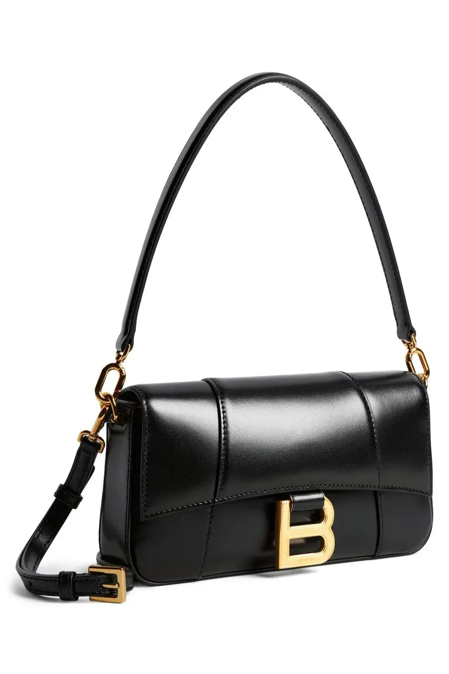 Balenciaga women’s hourglass small black leather handbag with gold-tone hardware and prominent b logo clasp