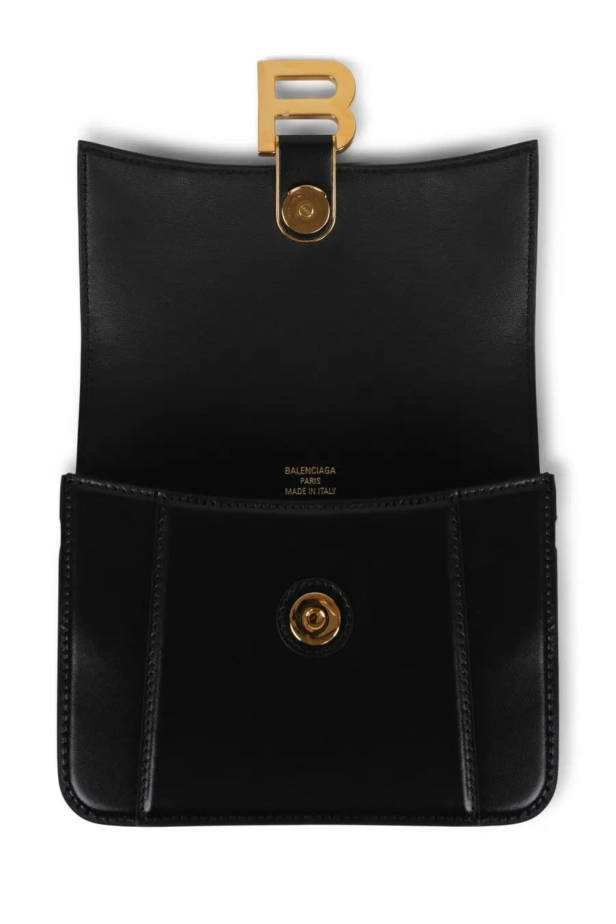 Balenciaga women’s hourglass small black leather clutch with gold-tone b logo clasp and hardware