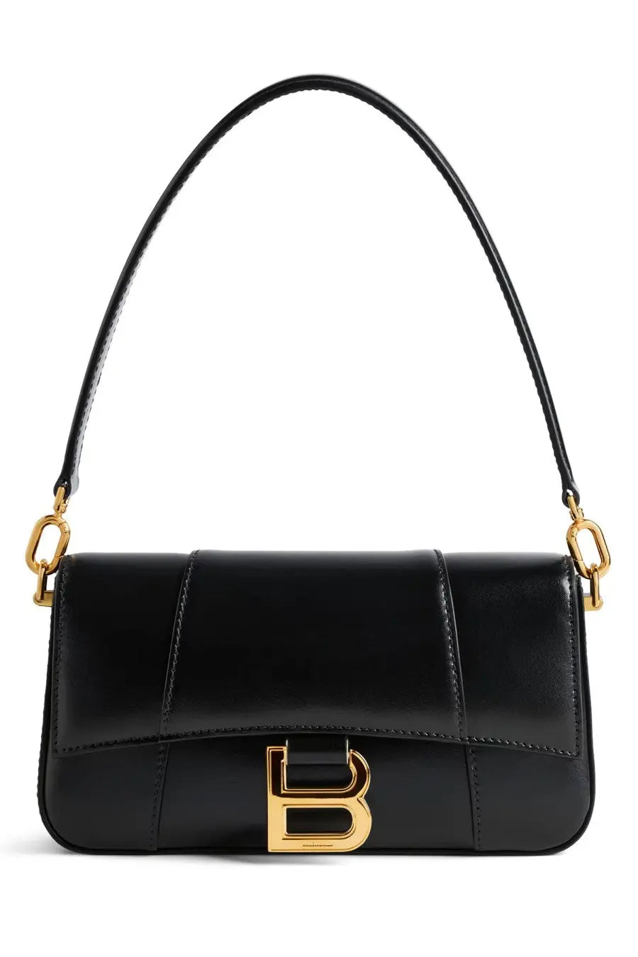 Balenciaga womens hourglass bag small black patent leather with gold tone b logo clasp and matching shoulder strap