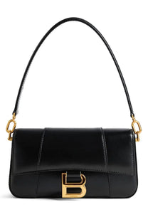 Balenciaga womens hourglass bag small black patent leather with gold tone b logo clasp and matching shoulder strap