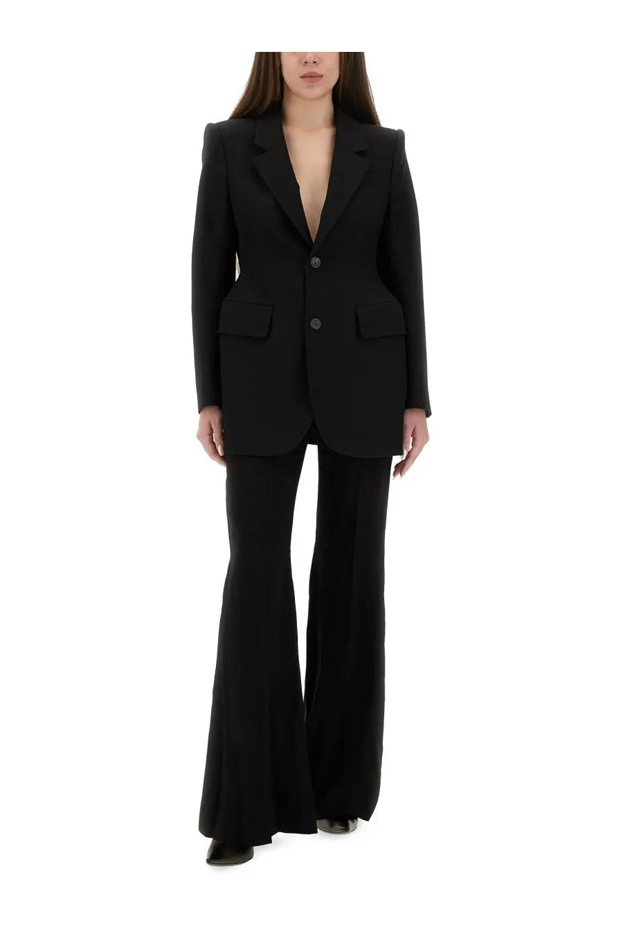 Balenciaga women’s black hourglass jacket with structured shoulders and flap pockets tailored for a sleek fit