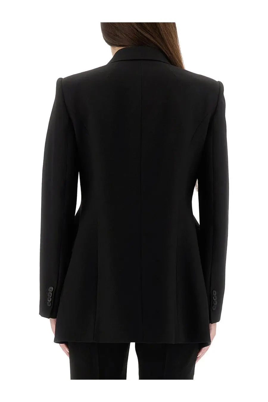 Balenciaga women’s black hourglass blazer with structured shoulders and subtle side slits tailored for a sleek fit