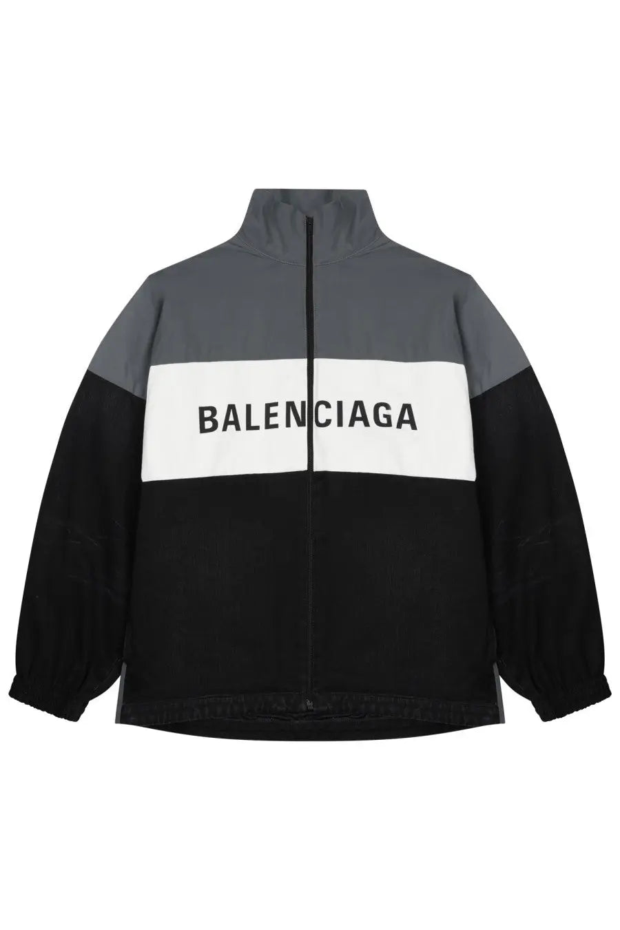 Balenciaga women’s color-blocked track jacket in black gray and white with bold logo across the chest