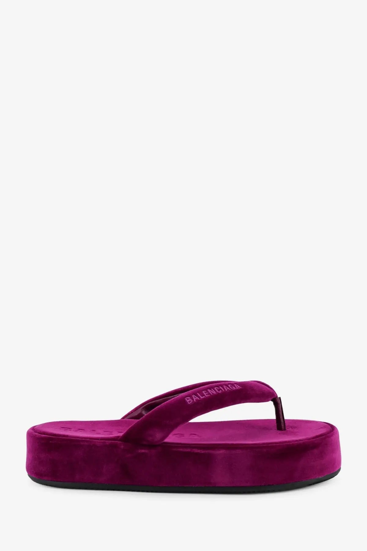 Balenciaga women’s jet lag stretch velvet sandals purple featuring fuchsia velvet platform flip-flops with embossed logo