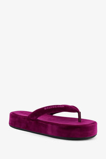 Balenciaga women’s jet lag stretch velvet sandals purple featuring fuchsia velvet platform flip-flop with embossed logo