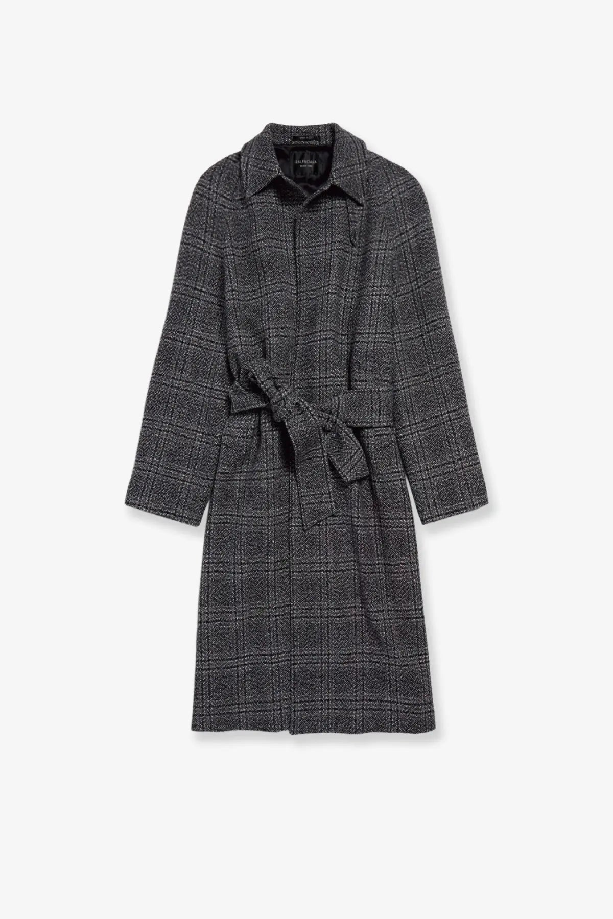 Balenciaga women’s one layer raglan wool coat black in classic black and gray plaid with belted waist and long sleeves
