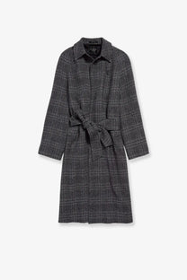 Balenciaga women’s one layer raglan wool coat black in classic black and gray plaid with belted waist and long sleeves