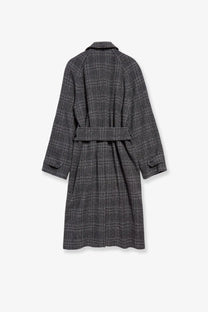 Balenciaga women’s one layer raglan wool coat black dark gray and black plaid with belted waist