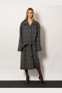 Balenciaga women’s one layer raglan wool coat black in stylish gray and black plaid with belted waist and classic collar