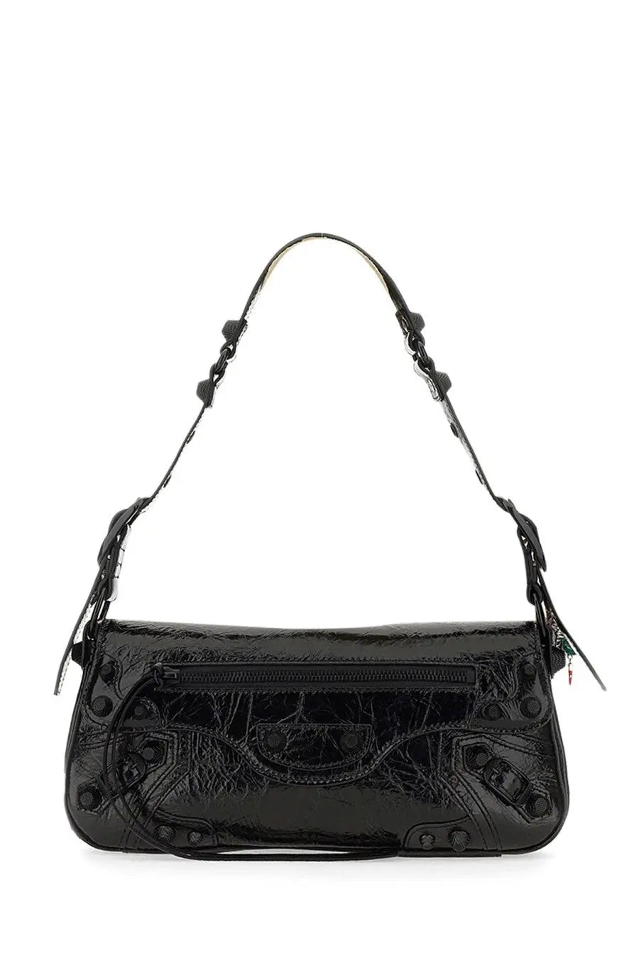 Balenciaga womens le cagole small shoulder bag black glossy patent leather with embossed branding and metal studs