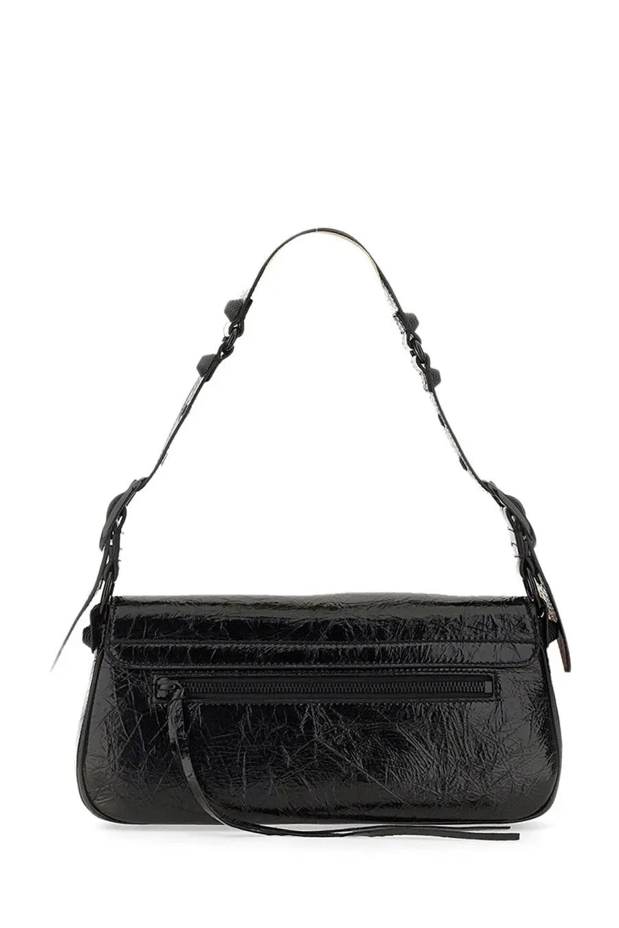 Balenciaga women’s le cagole small shoulder bag in black patent leather with glossy textured surface and adjustable strap