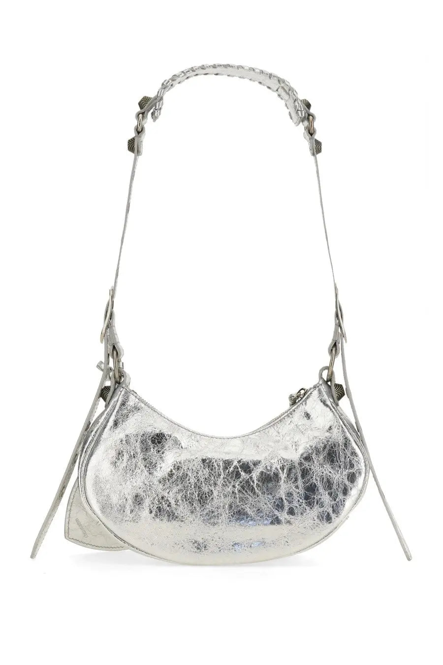 Balenciaga women’s le cagole xs shoulder bag in silver metallic leather with distressed texture and braided strap