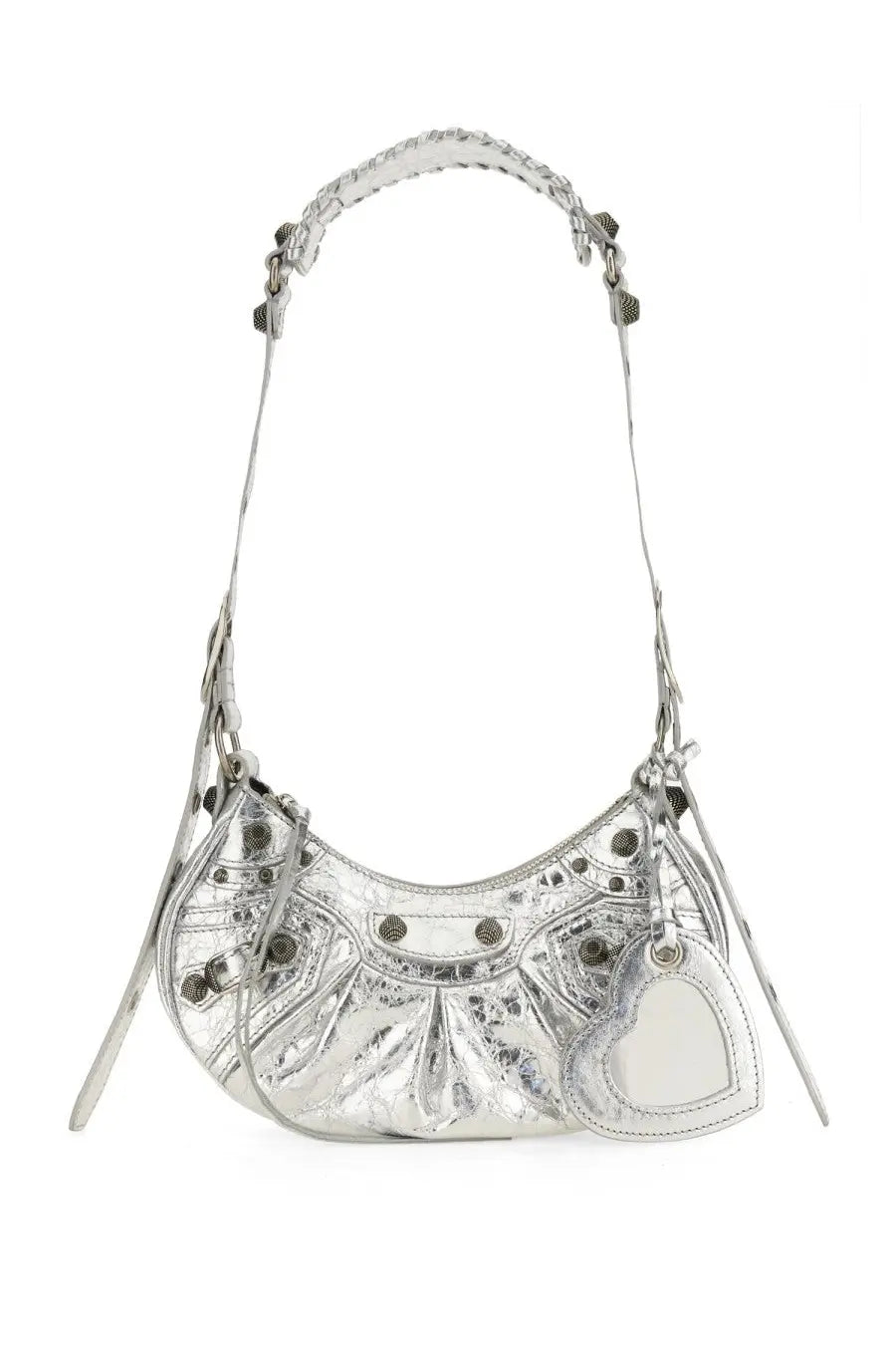 Balenciaga women’s le cagole xs shoulder bag in silver metallic leather with braided handle and heart-shaped mirror charm