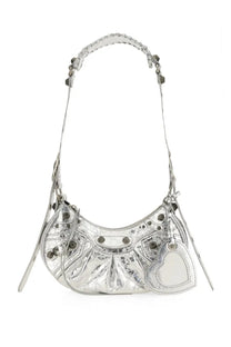 Balenciaga women’s le cagole xs shoulder bag in silver metallic leather with braided handle and heart-shaped mirror charm