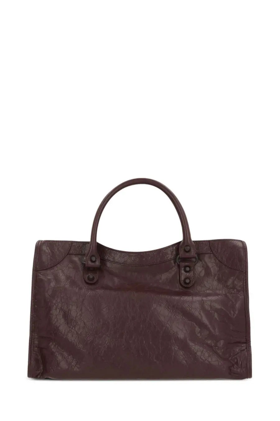 Balenciaga women’s le city bag medium in dark brown crinkled leather with rounded top handles and metallic hardware