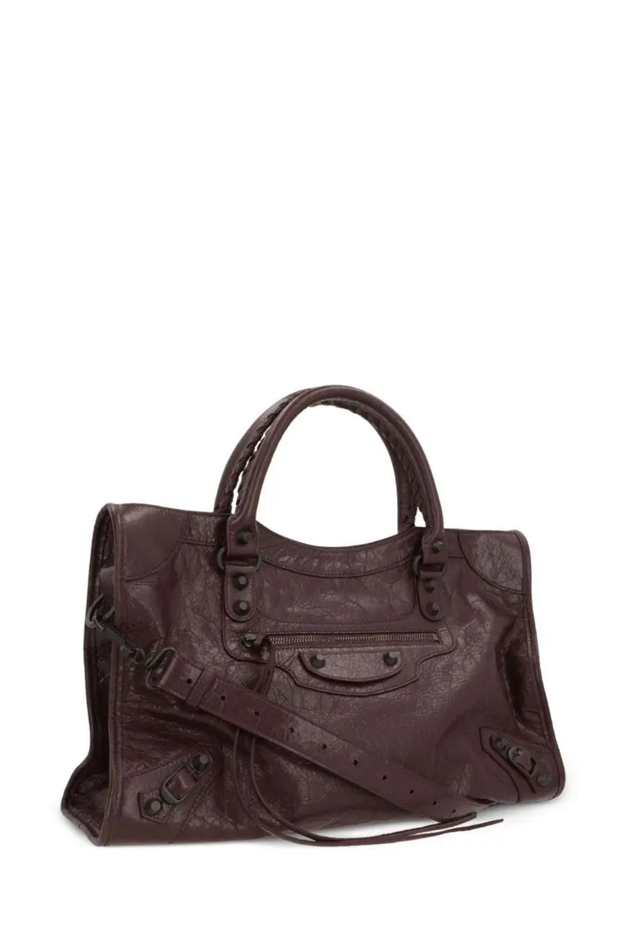 Dark brown leather Balenciaga city bag medium with embossed logo and metal hardware for women