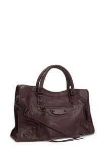 Dark brown leather Balenciaga city bag medium with embossed logo and metal hardware for women