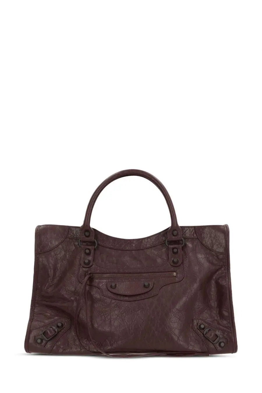 Balenciaga women’s LE city bag medium red in dark brown leather with embossed texture and metal hardware