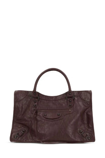 Balenciaga women’s LE city bag medium red in dark brown leather with embossed texture and metal hardware