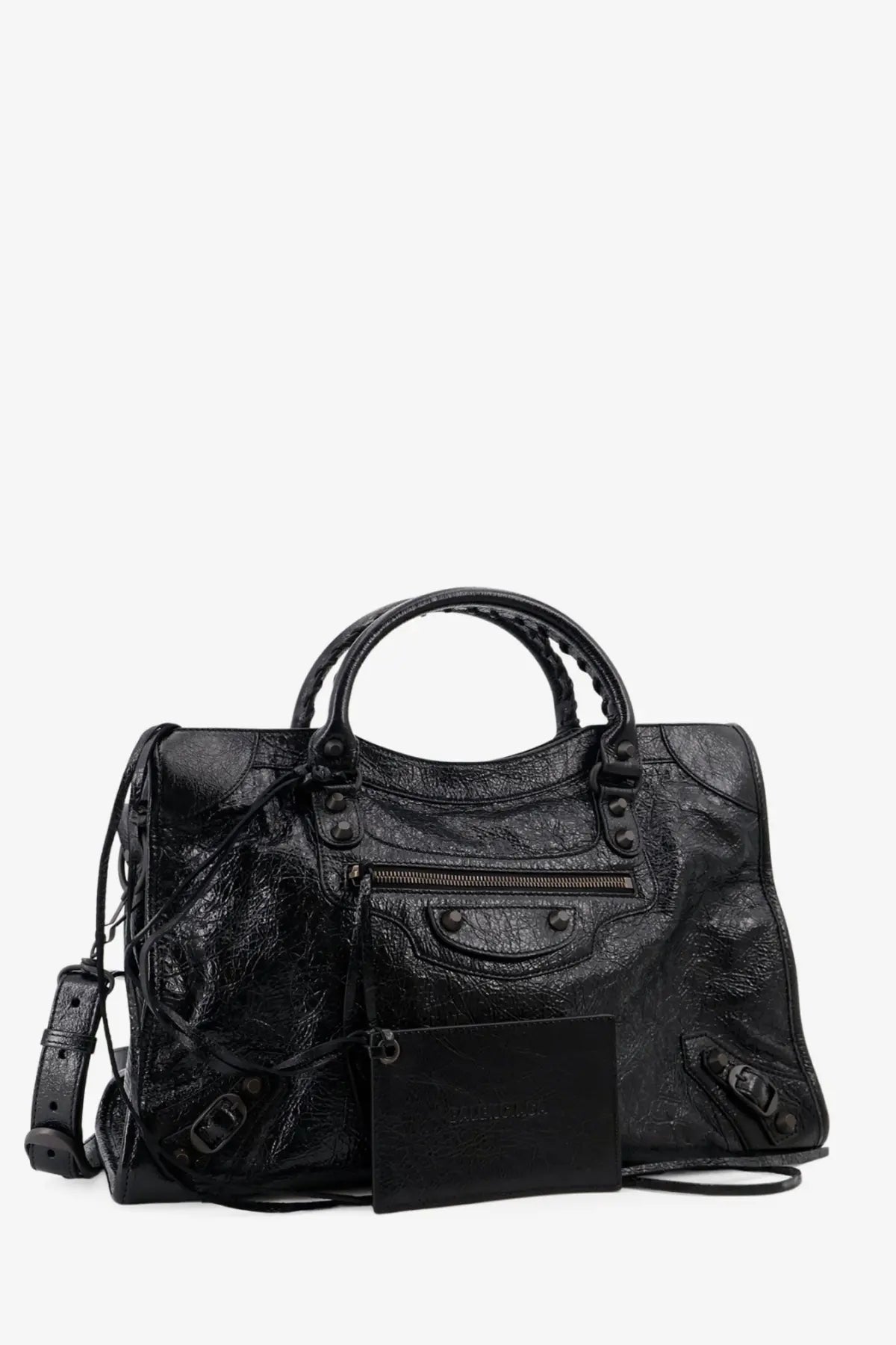 Balenciaga women’s le city medium leather handbag in black with distressed leather and metal hardware details