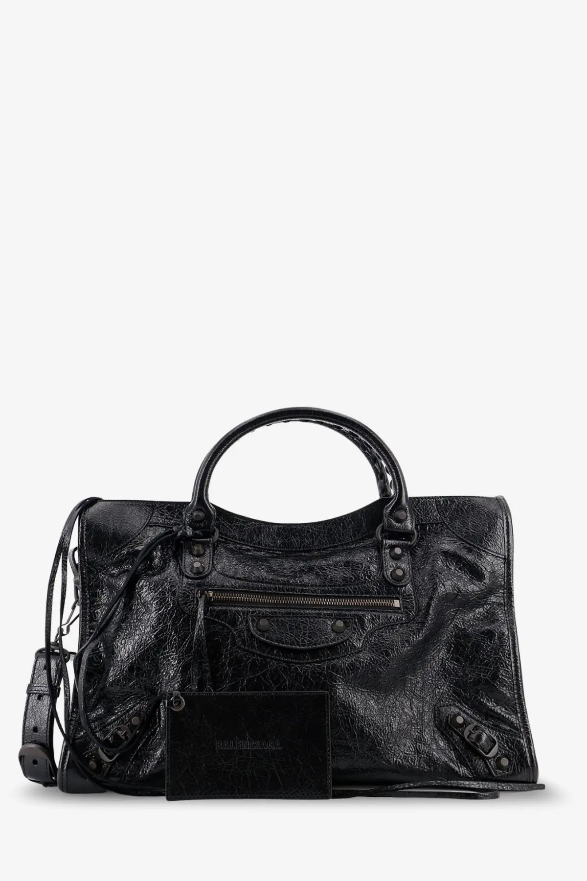 Black balenciaga womens le city medium leather handbag with glossy cracked leather finish and metallic hardware