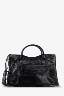 Black balenciaga womens le city medium leather handbag with glossy cracked leather finish and metallic hardware