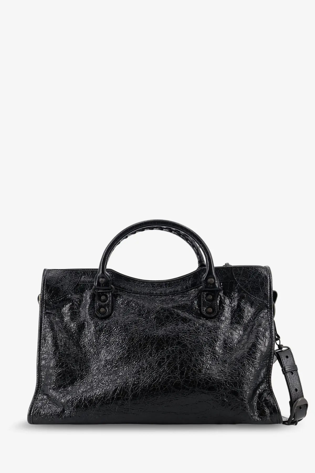 Balenciaga women’s le city medium leather handbag black with glossy cracked leather texture and structured design
