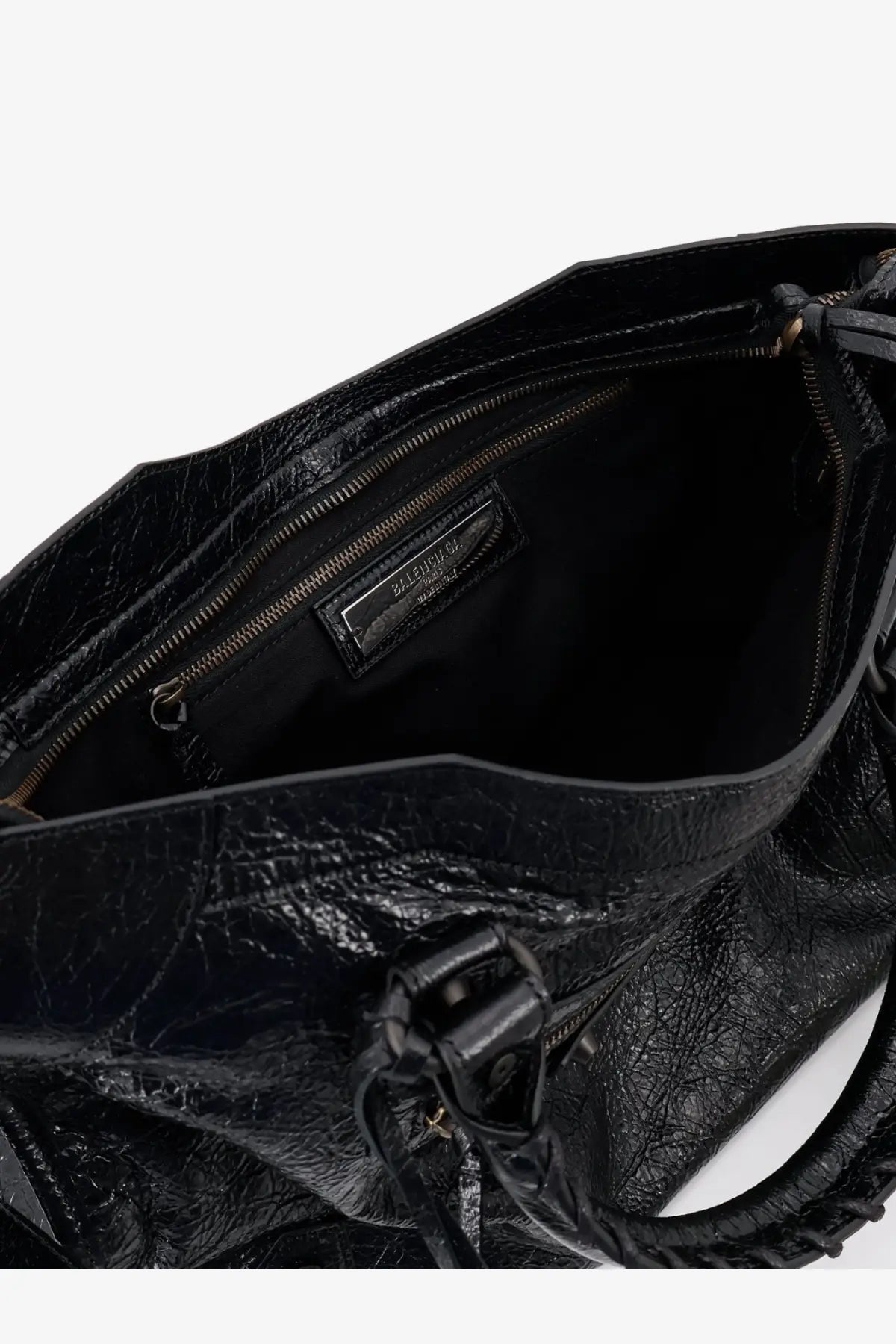 Balenciaga women’s le city medium black leather handbag with crinkled texture braided strap and zipper-lined interior