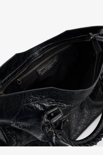 Balenciaga women’s le city medium black leather handbag with crinkled texture braided strap and zipper-lined interior