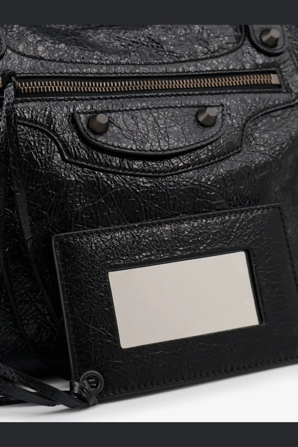 Balenciaga women’s le city medium black leather handbag with textured leather metallic hardware and rectangular silver plaque