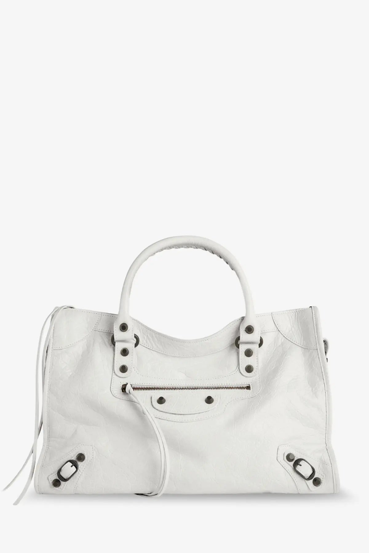 Balenciaga women’s le city medium leather shoulder bag in white with black hardware and top handles