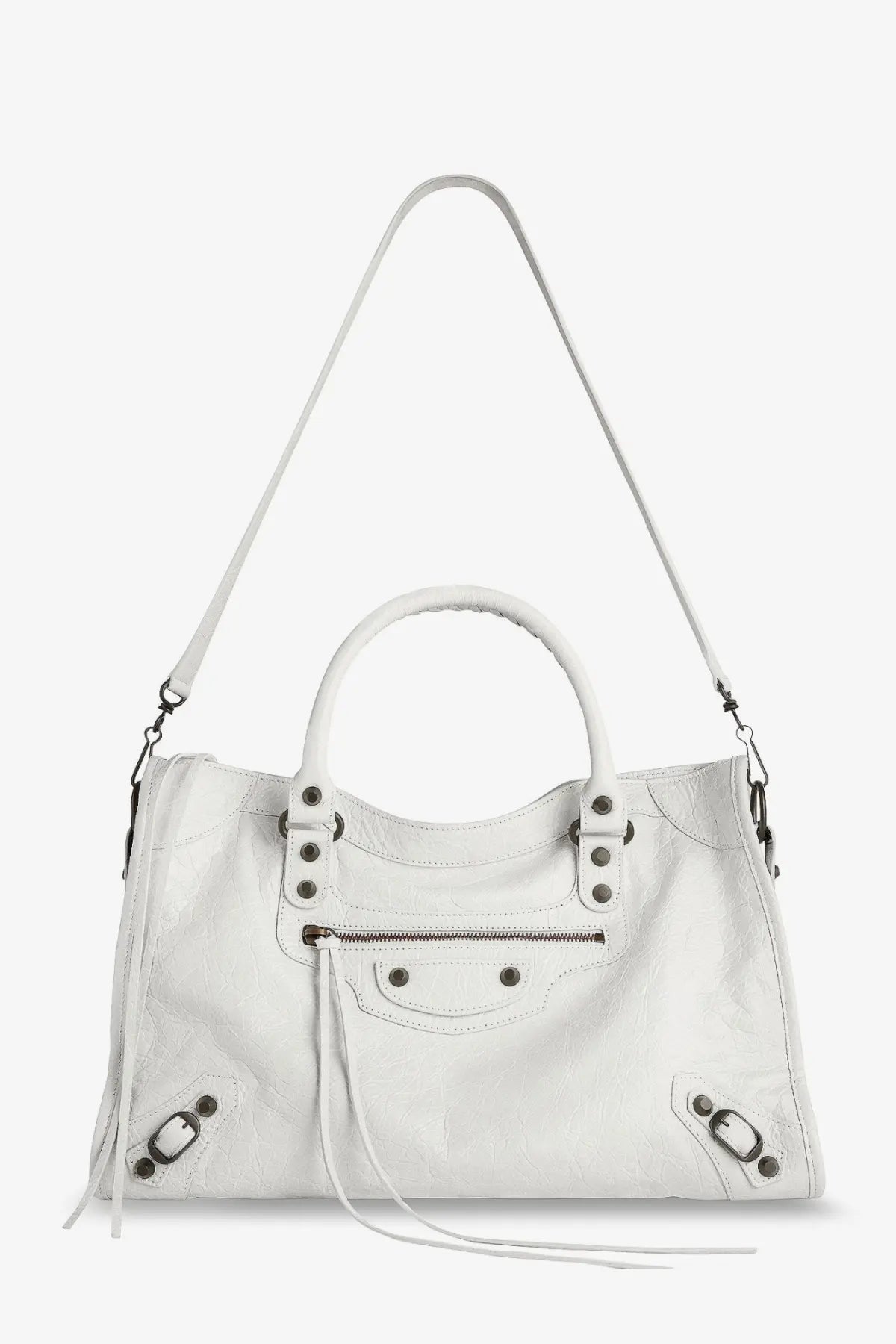 Balenciaga women’s le city medium white leather shoulder bag with silver hardware and detachable strap