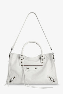 Balenciaga women’s le city medium white leather shoulder bag with silver hardware and detachable strap