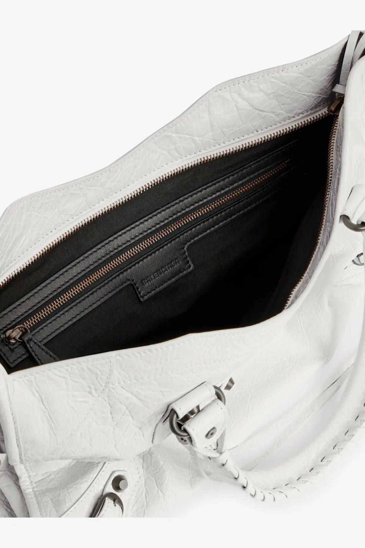 Balenciaga women’s le city medium leather shoulder bag in white crinkled leather with black interior and gold zippers
