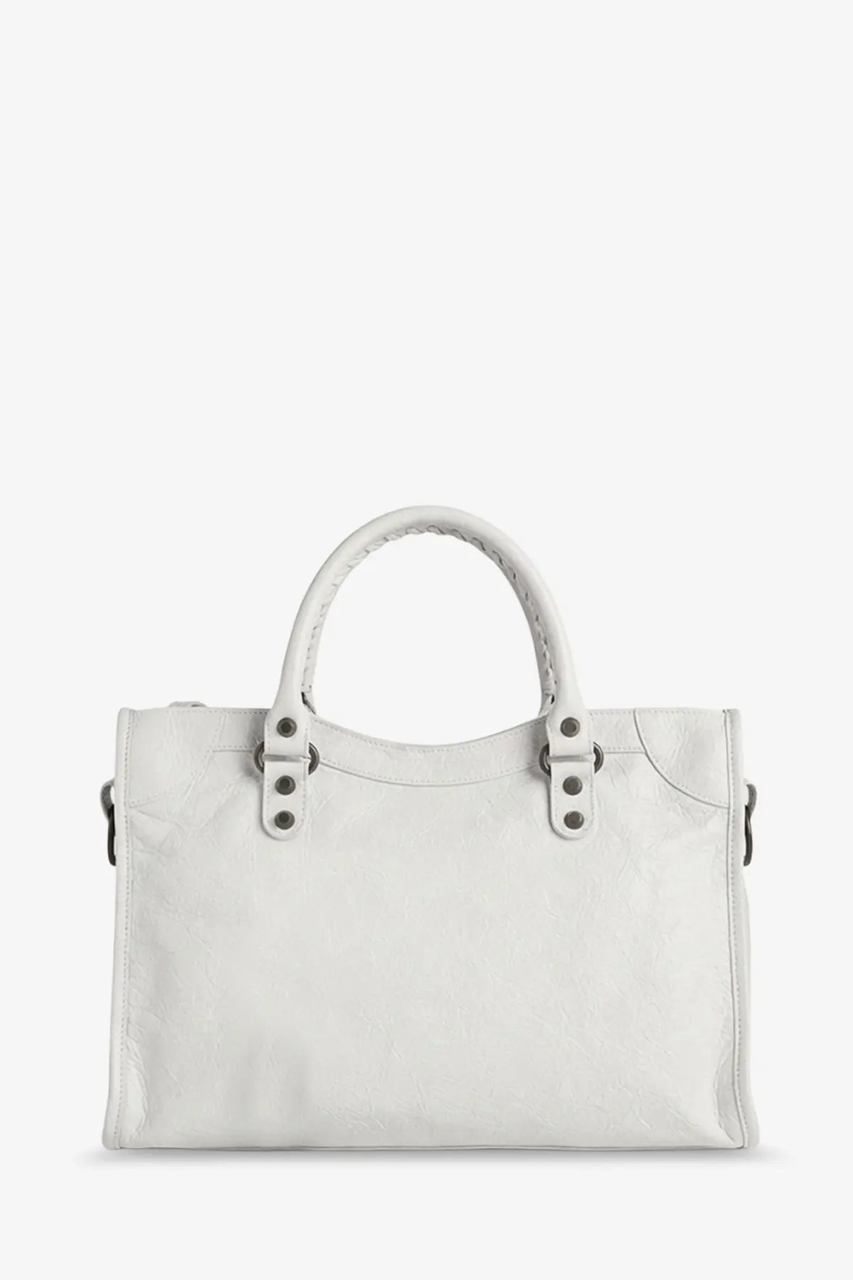 Balenciaga women’s le city medium white leather shoulder bag with braided handles and silver tone hardware