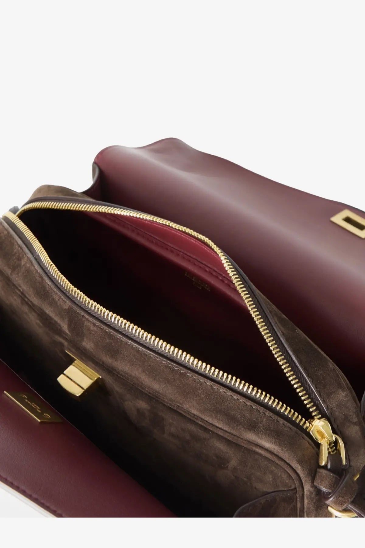 Balenciaga women’s le medium suede shoulder bag brown with burgundy suede and gold tone hardware interior lining