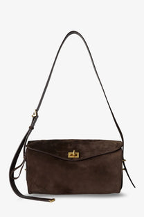 Balenciaga women’s le medium suede shoulder bag brown with gold-tone clasp and black leather crossbody strap