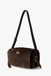 Balenciaga women’s le medium brown suede shoulder bag with gold-tone hardware and structured rectangular shape