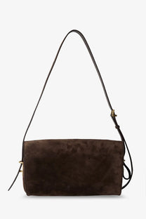 Balenciaga women’s le medium brown suede shoulder bag with slender black leather strap and gold-tone hardware accents