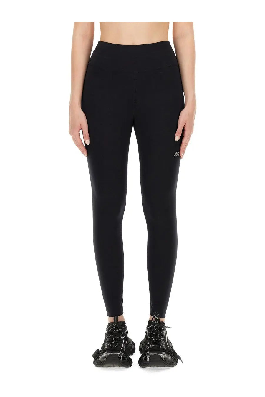 Balenciaga women’s black high-waisted leggings with sleek form-fitting design and subtle thigh logo