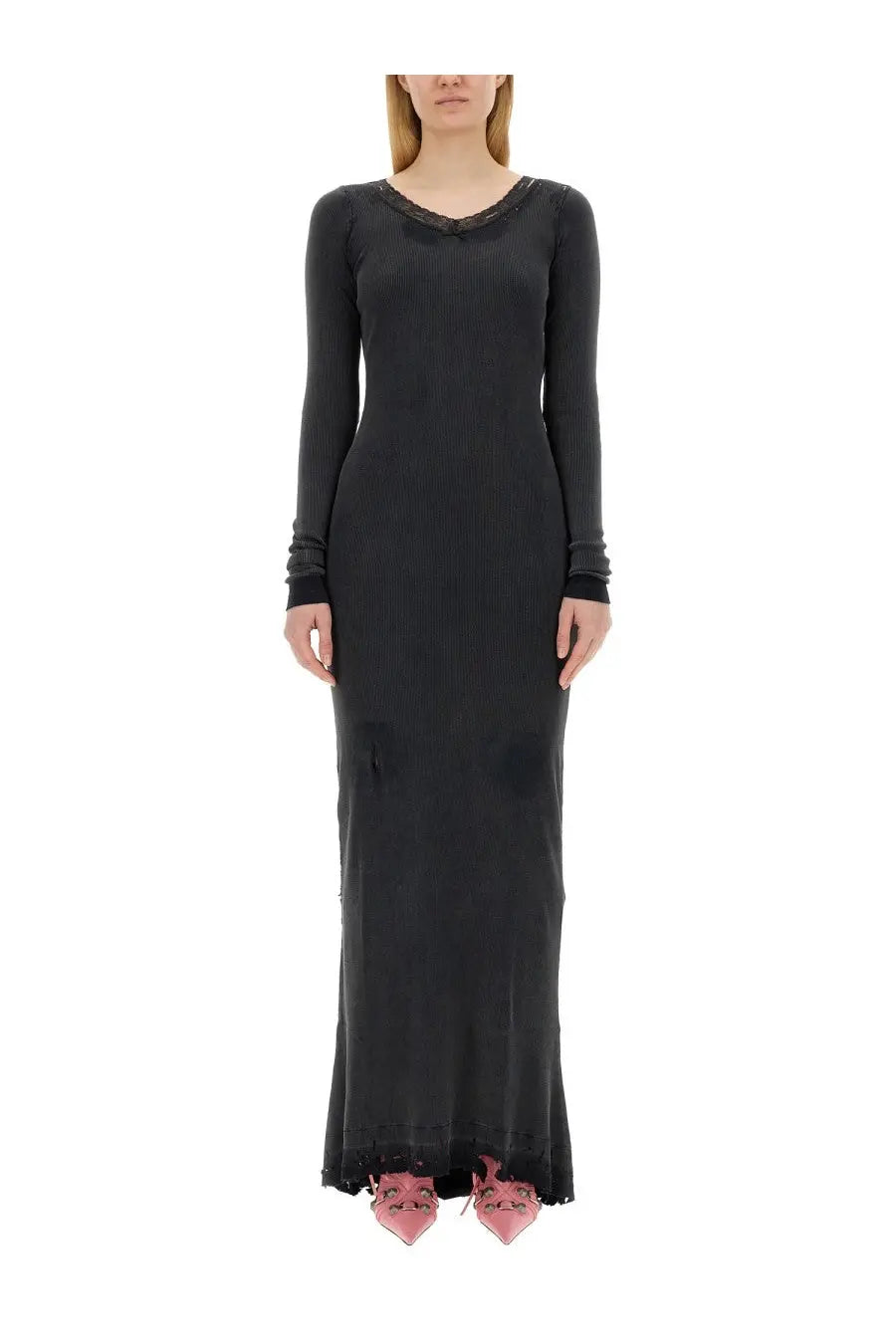 Balenciaga women’s black ribbed long-sleeved maxi dress with lace trim and fitted silhouette
