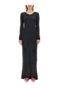 Balenciaga women’s black ribbed long-sleeved maxi dress with lace trim and fitted silhouette