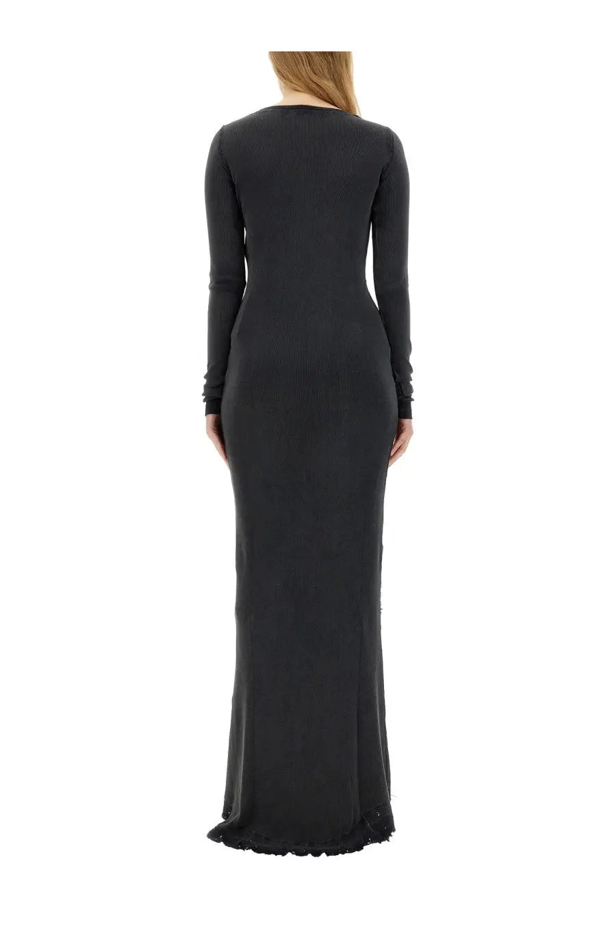 Balenciaga women’s black long-sleeved mermaid dress with fitted silhouette and scalloped hem in luxurious fabric