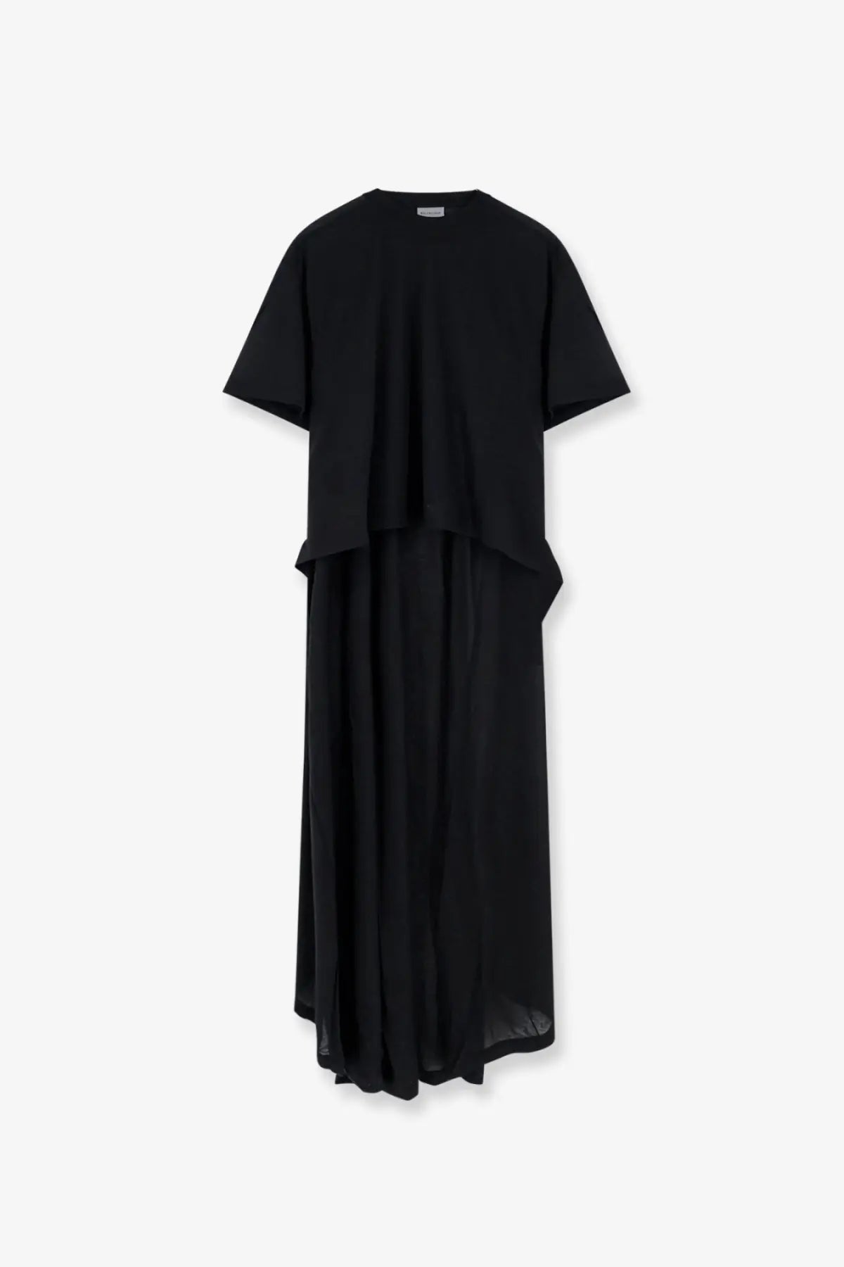 Balenciaga women’s long black jersey shirt dress with short sleeves and flowing asymmetrical hemline