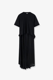 Balenciaga women’s long black jersey shirt dress with short sleeves and flowing asymmetrical hemline