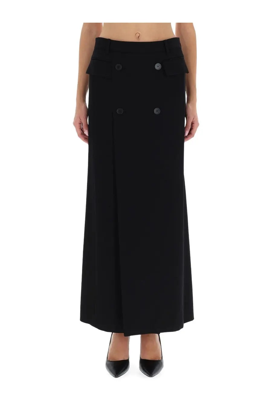 Balenciaga women’s black double-breasted maxi skirt with tailored design and matching buttons front view
