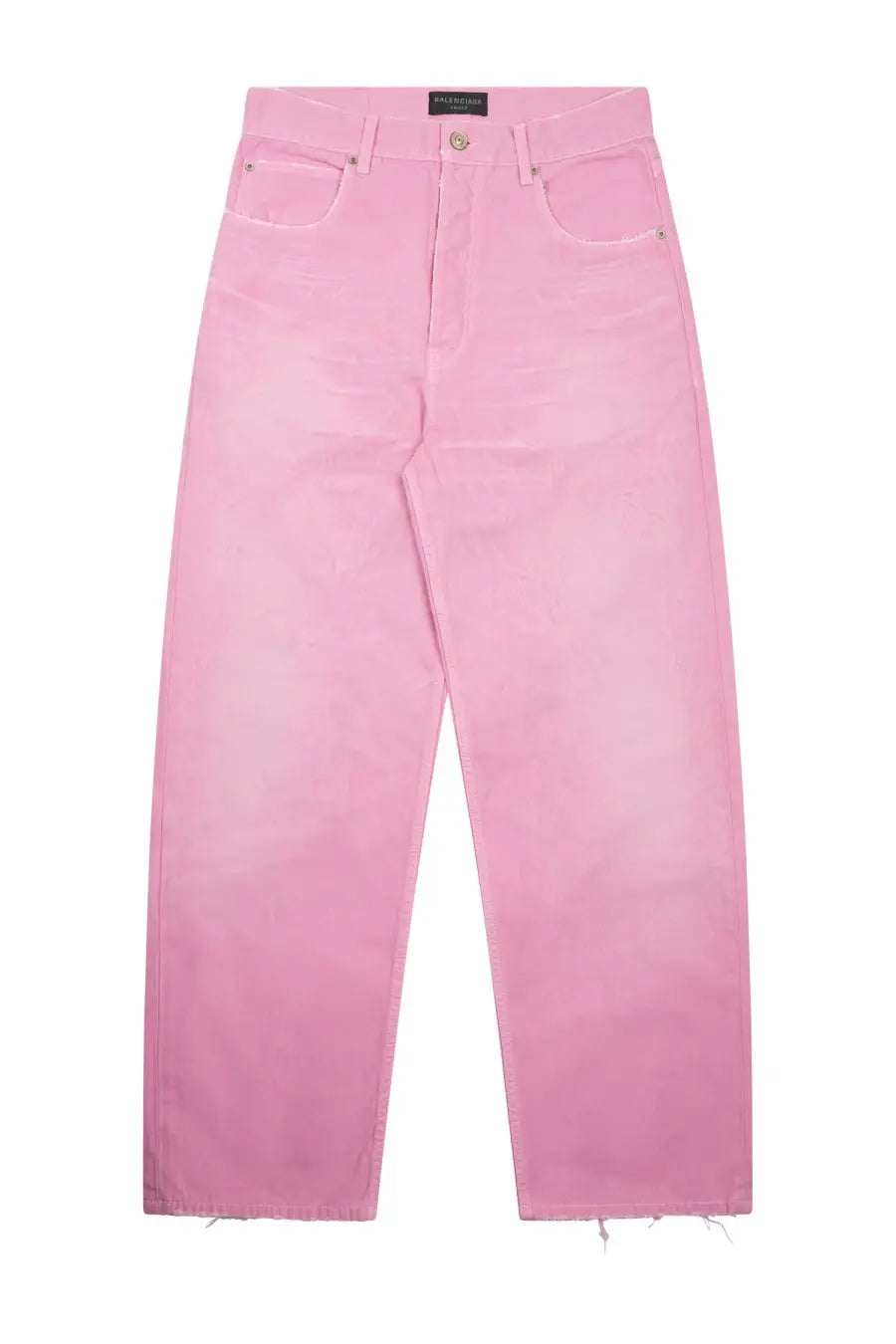 Pink denim jeans with relaxed fit and frayed hems for women by Balenciaga