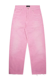 Pink denim jeans with relaxed fit and frayed hems for women by Balenciaga