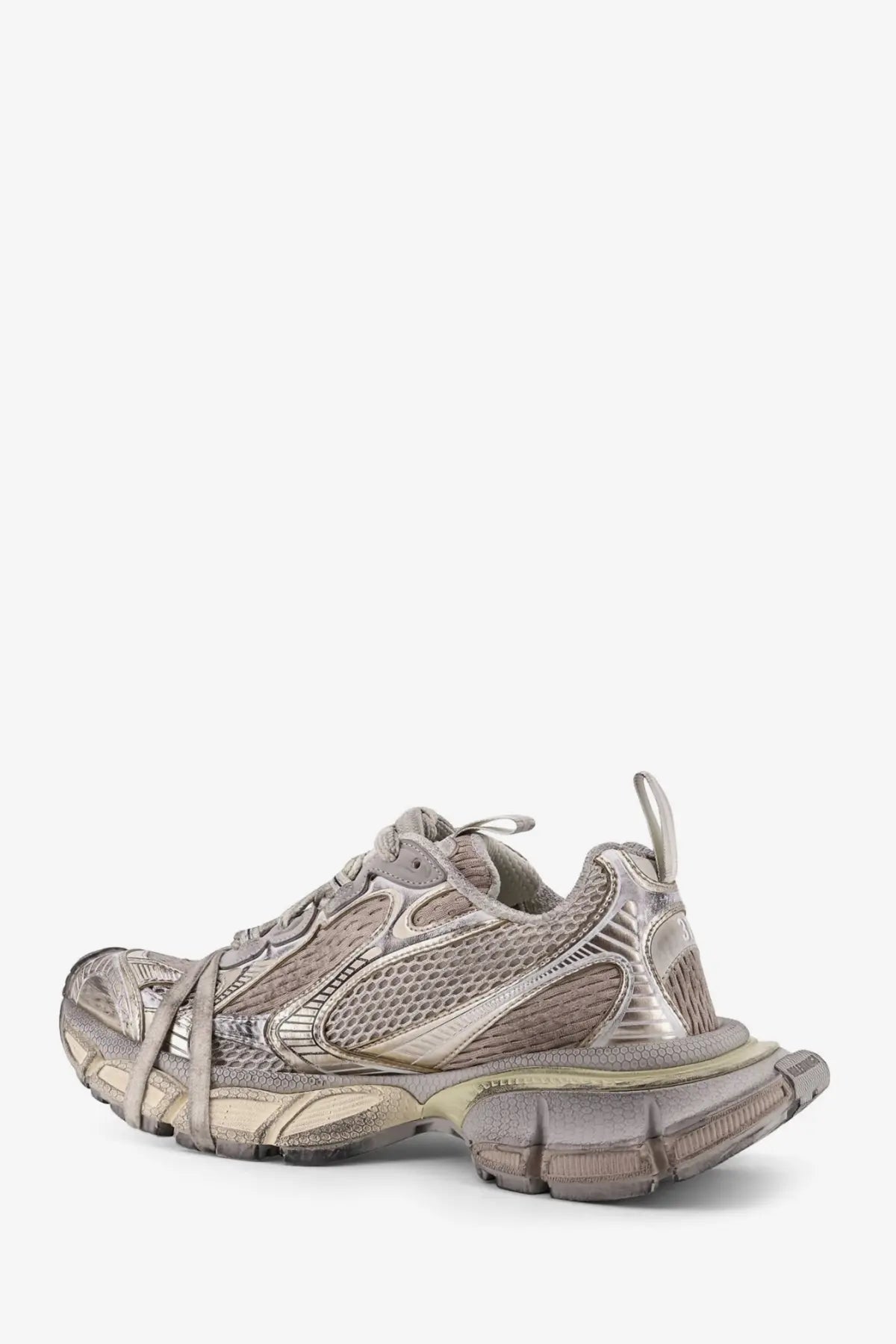 Balenciaga women’s low top white mesh sneakers with distressed silver mesh and rubber chunky sole triple s design